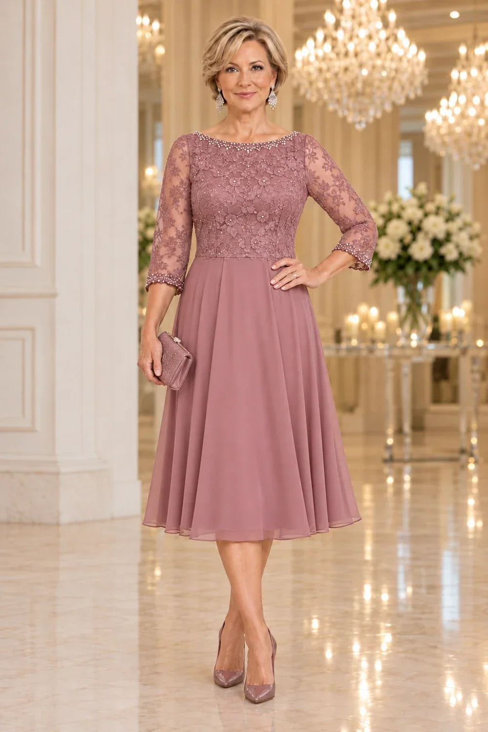 Black Floral Lace-Bodice Midi Dress with Three-Quarter Sleeves