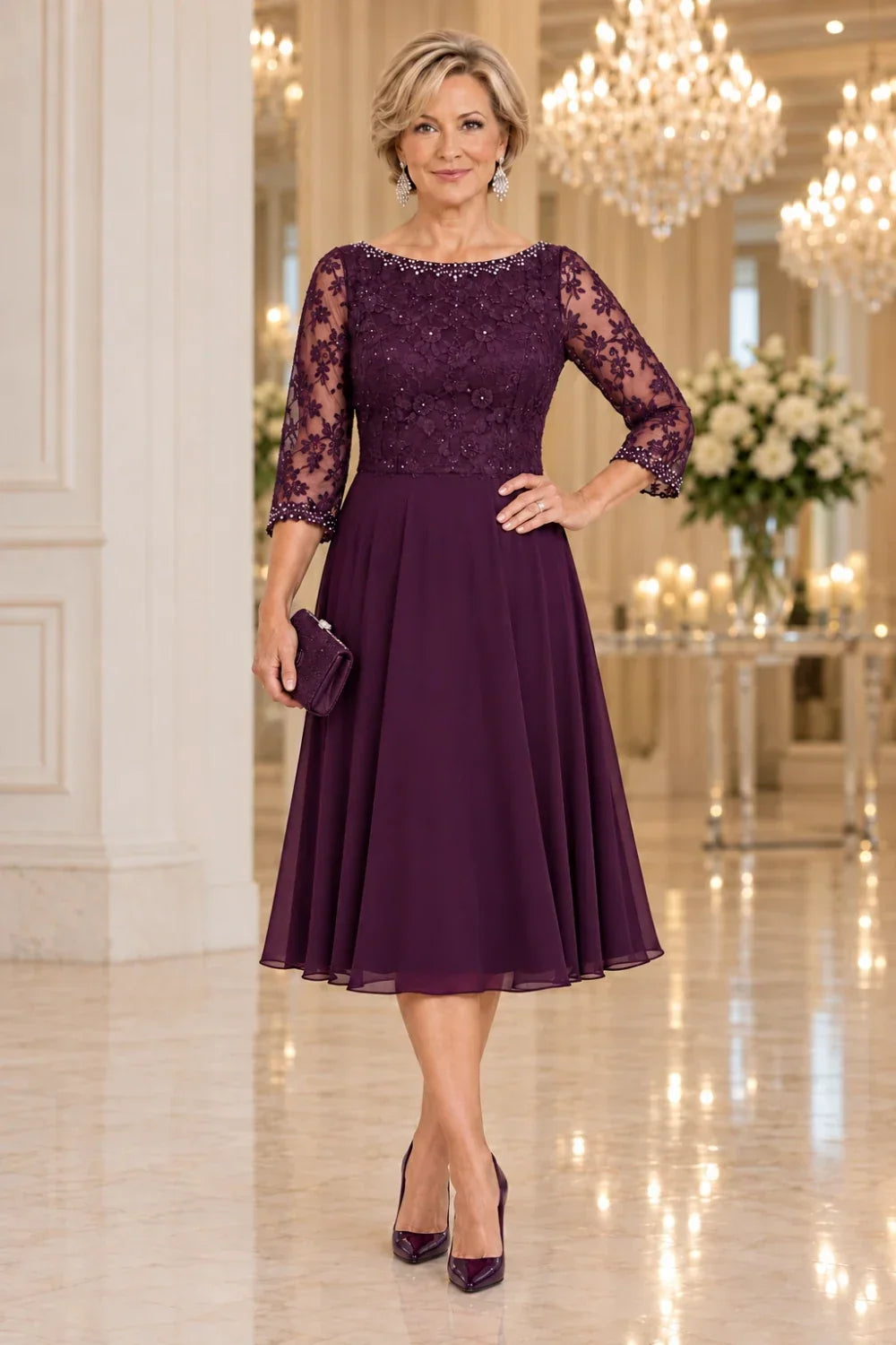 Black Floral Lace-Bodice Midi Dress with Three-Quarter Sleeves