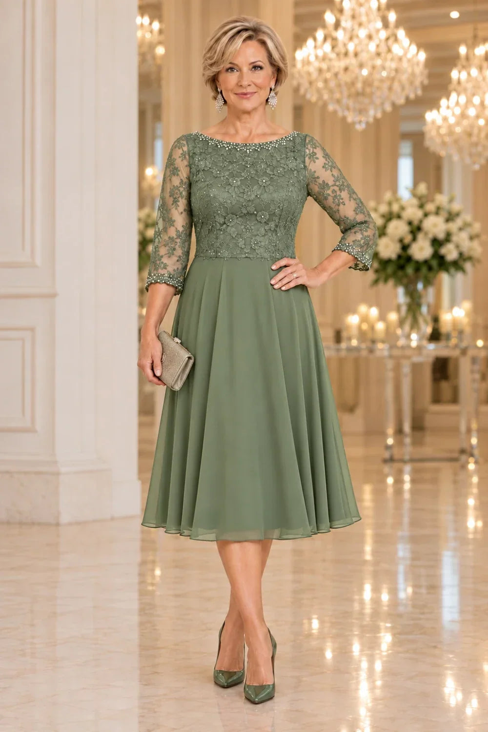 Black Floral Lace-Bodice Midi Dress with Three-Quarter Sleeves
