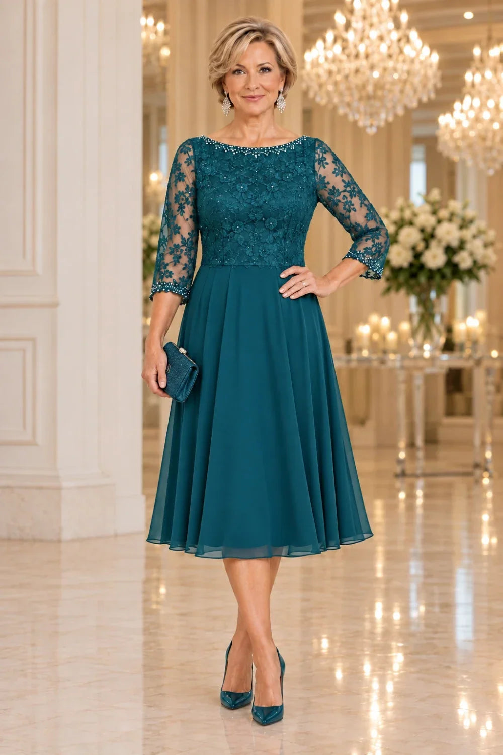 Black Floral Lace-Bodice Midi Dress with Three-Quarter Sleeves