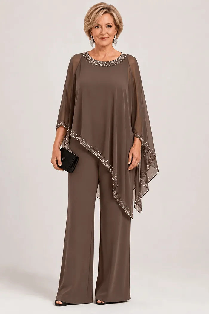 Beaded Chiffon Cape Formal Pant Suit with Wide Legs