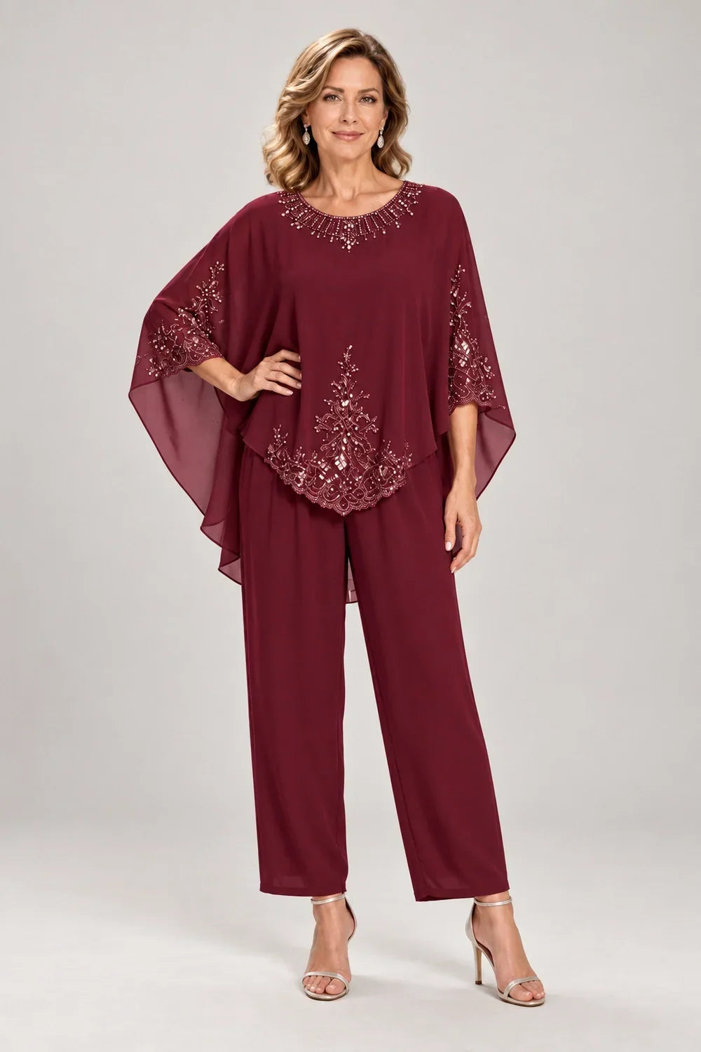 Beaded-Lace Cape-Sleeve Chiffon Pant Suit